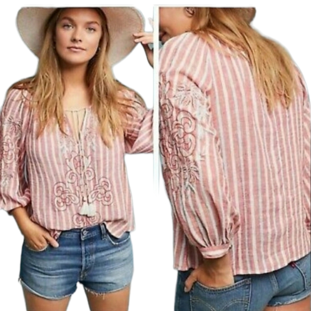 ANTHROPOLOGIE Akemi & Kin Audria Striped Peasant Tassels Top EUC sz M